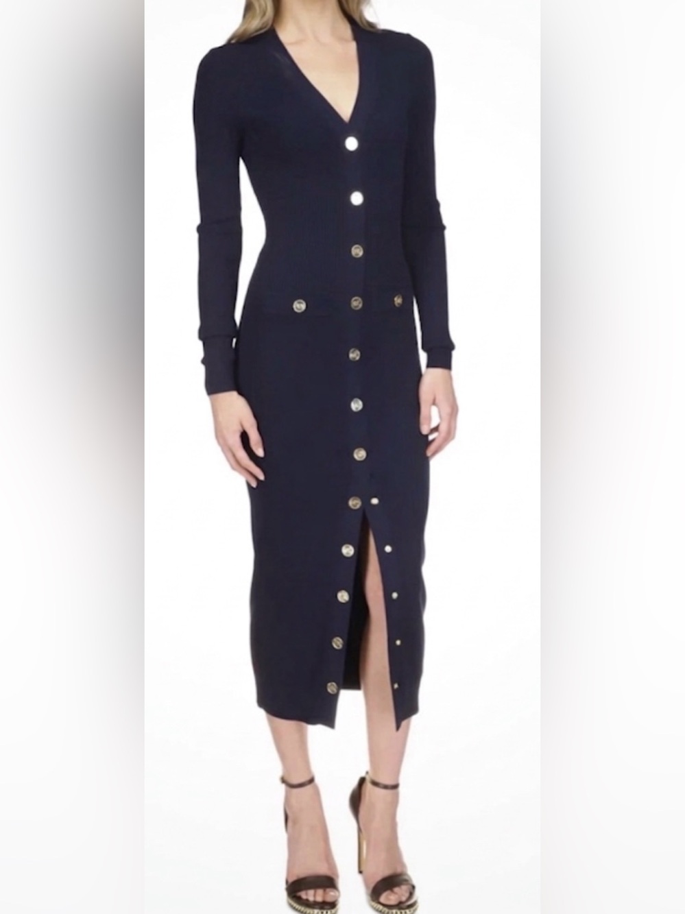 Michael Kors Navy Button-Front V-Neck Midi Dress - Picture 1 of 7